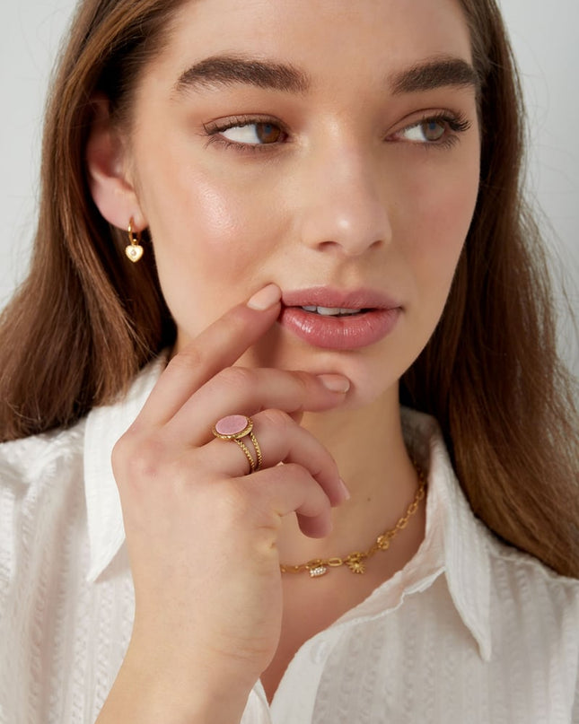 Ring ronde steen - Goud kleur/beige