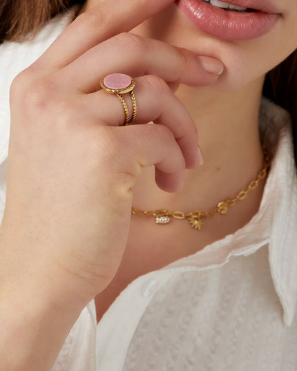 Ring ronde steen - Goud kleur/beige