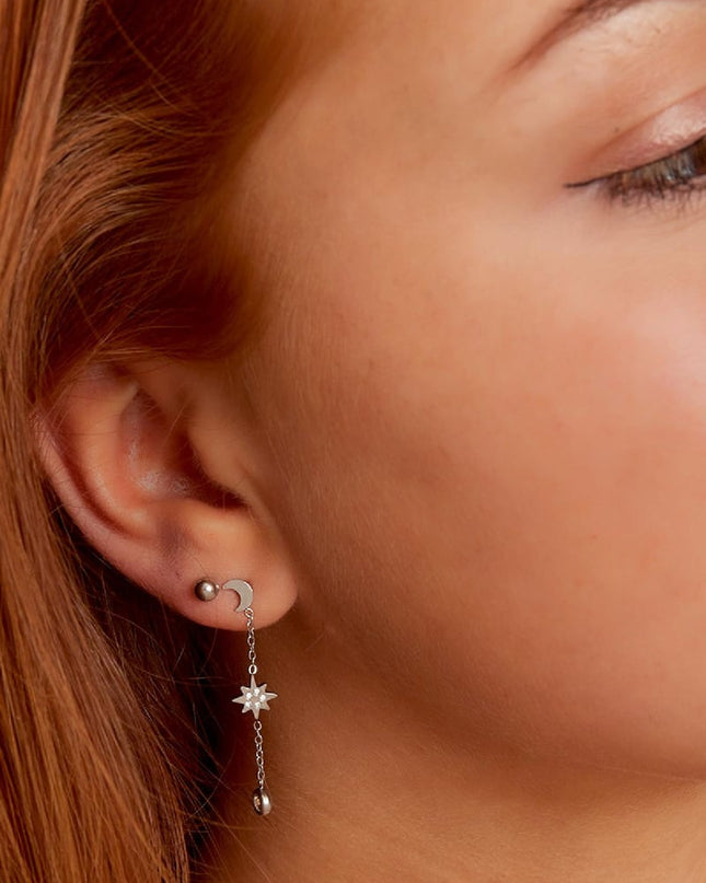 Assymetrische Oorbel Set Maan & Ster Zilver Stainless Steel