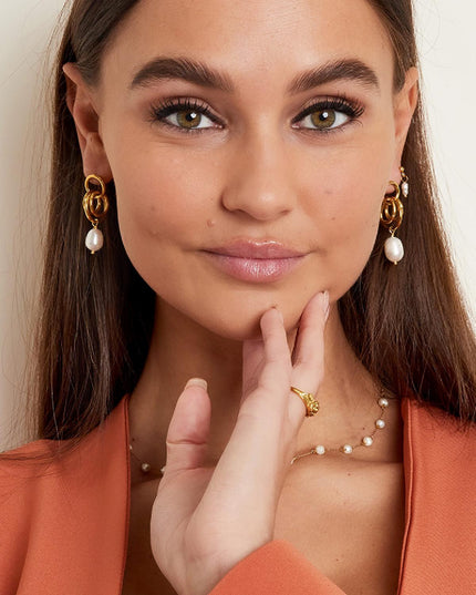 Oorbellen bungelende hoops met parel Zilver Stainless Steel