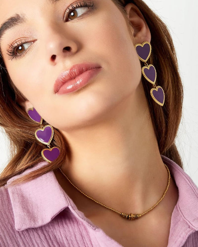 Oorbellen 3 sierlijke hartjes op een rij Paars Stainless Steel