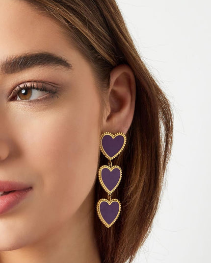 Oorbellen 3 sierlijke hartjes op een rij Paars Stainless Steel