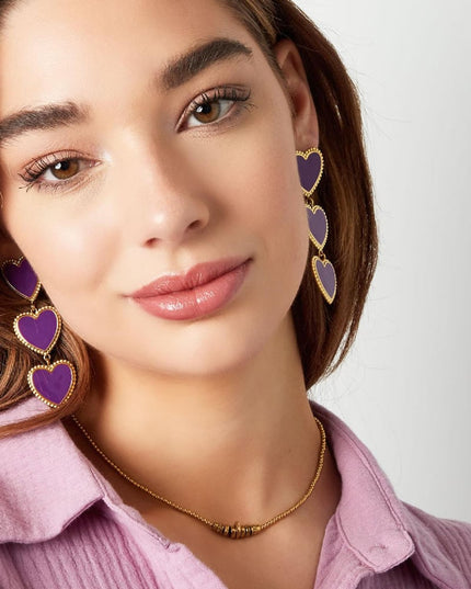 Oorbellen 3 sierlijke hartjes op een rij Paars Stainless Steel