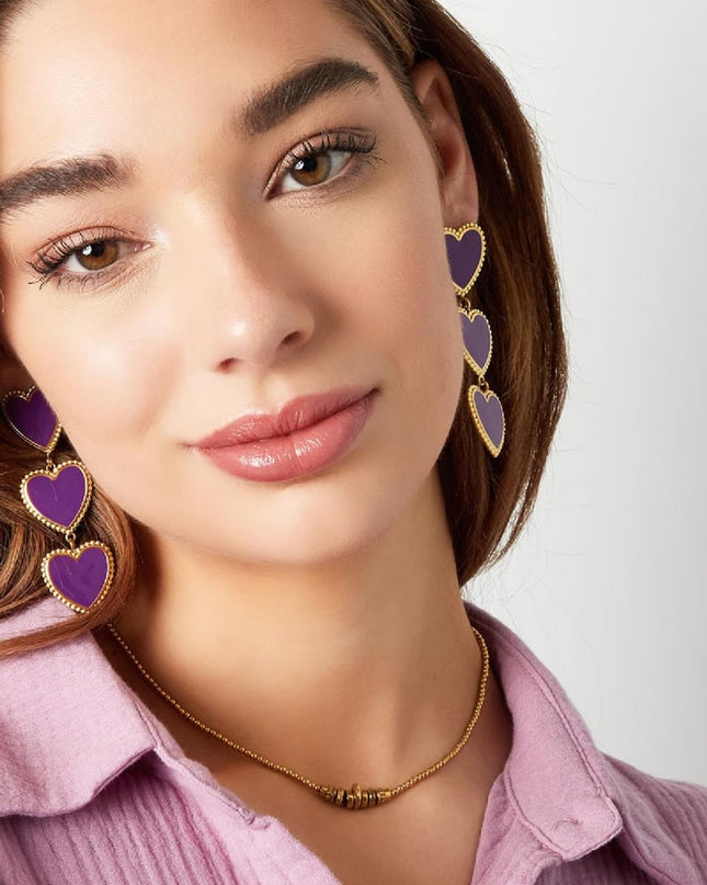 Oorbellen 3 sierlijke hartjes op een rij Paars Stainless Steel