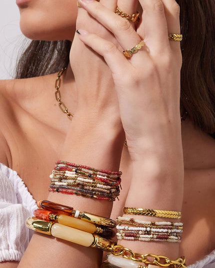 Armbanden set kralen kleurrijk Beige & Goud kleur Stainless Steel