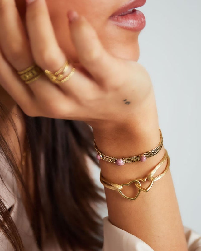 Stoffen armband hartjes Pink & Gold Stainless Steel