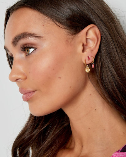 Oorstekers rechthoekige steen - Goud kleur/fuchsia