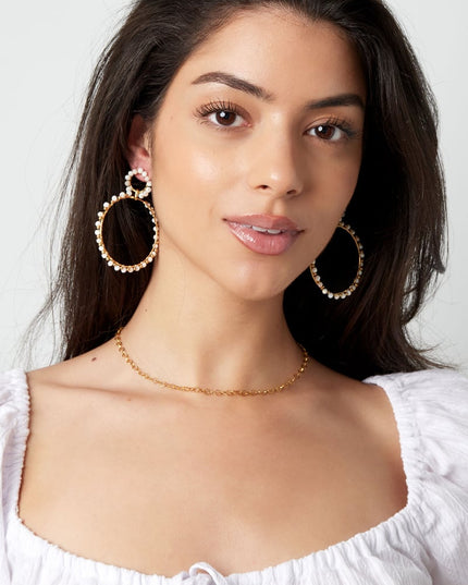 Oorbellen dubbele kralen rondjes - Goud kleur/geel/rood