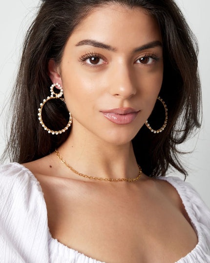 Oorbellen dubbele kralen rondjes - Goud kleur/geel/rood