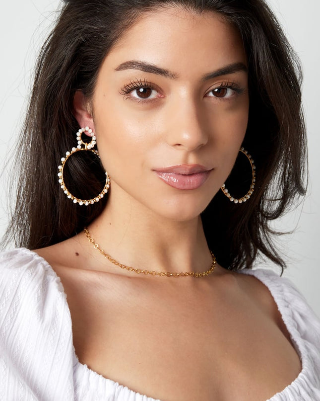 Oorbellen dubbele kralen rondjes - Goud kleur/geel/rood