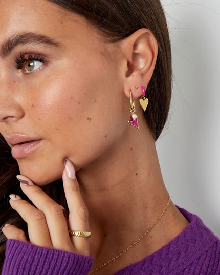 Oorbellen gekleurd hart met parel - Goud kleur/paars
