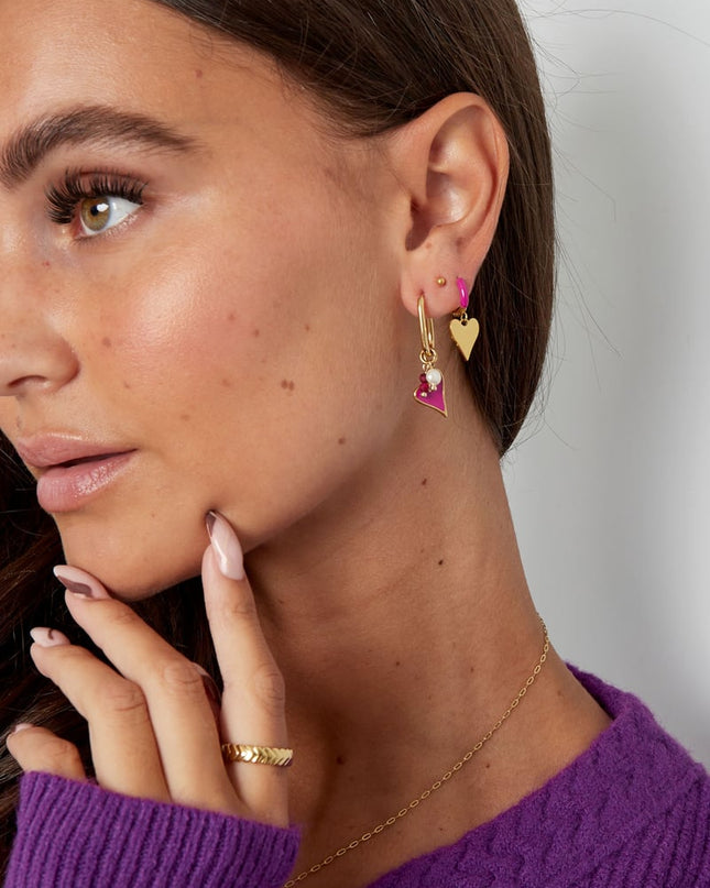 Oorbellen gekleurd hart met parel - Goud kleur/paars