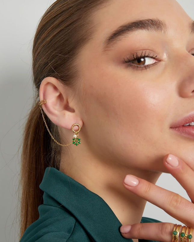 Oorbel met ear cuff bloem - Goud kleur/paars
