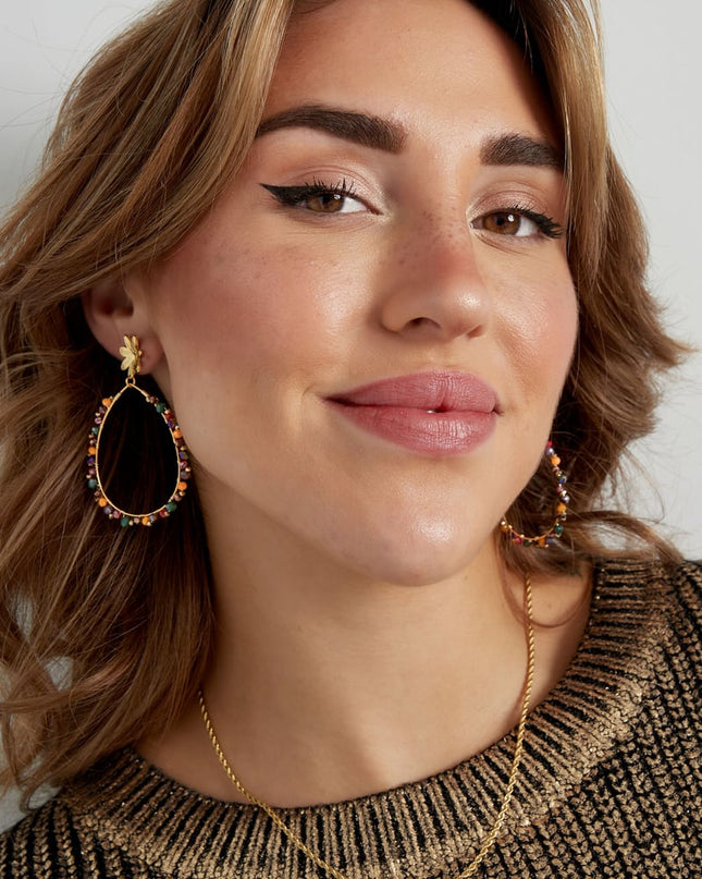 Oorbellen druppel met kraaltjes en bloem - Goud kleur/roze