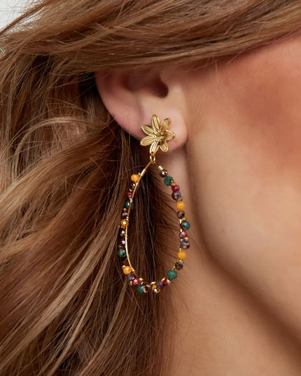 Oorbellen druppel met kraaltjes en bloem - Goud kleur/roze