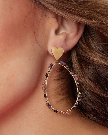 Oorbellen ovaal met kraaltjes en hart - Goud kleur/paars