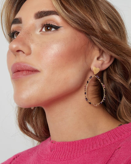 Oorbellen ovaal met kraaltjes en hart - Goud kleur/paars