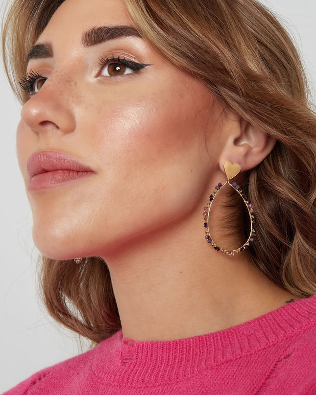 Oorbellen ovaal met kraaltjes en hart - Goud kleur/paars