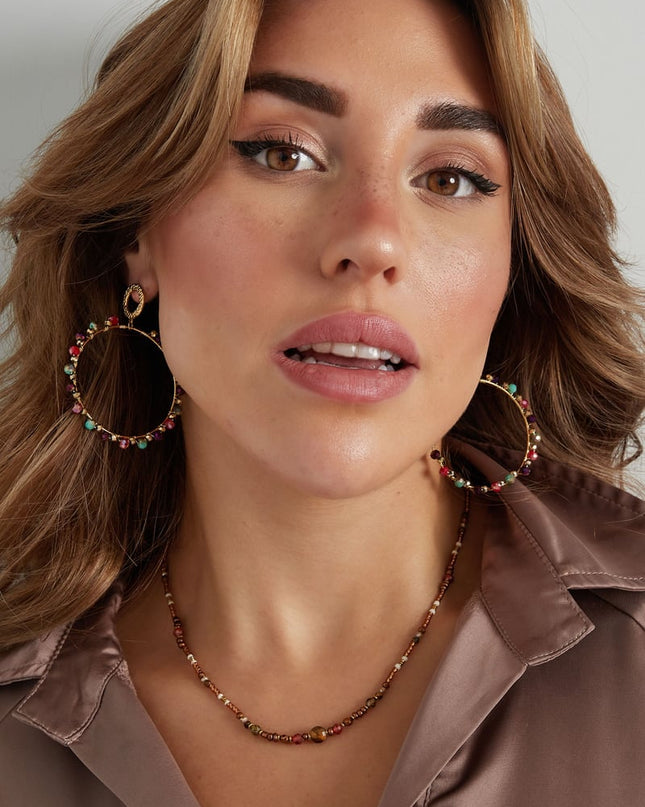 Oorbellen dubbel cirkel met kraaltjes - Goud kleur/grijs