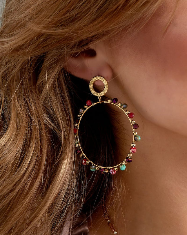 Oorbellen dubbel cirkel met kraaltjes - Goud kleur/grijs
