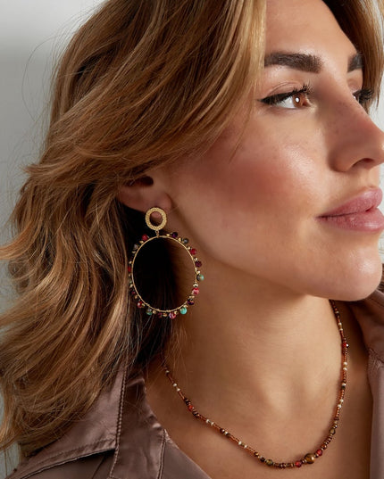 Oorbellen dubbel cirkel met kraaltjes - Goud kleur/grijs