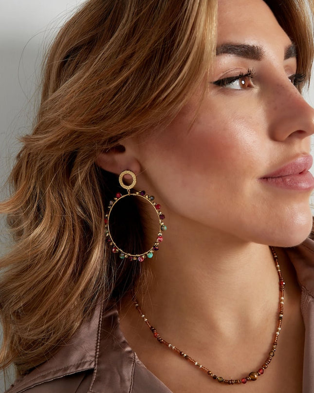 Oorbellen dubbel cirkel met kraaltjes - Goud kleur/grijs