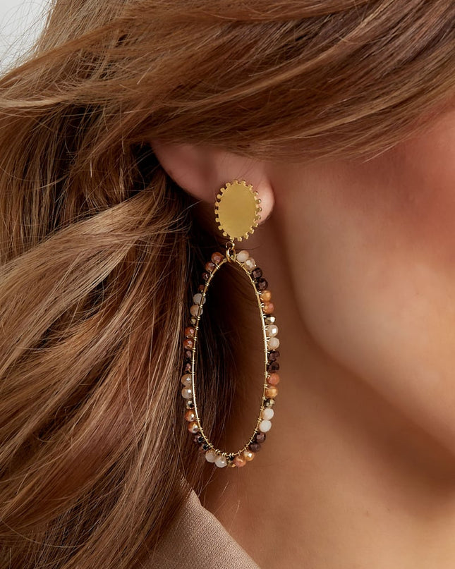 Oorbellen langwerpig met kraaltjes - Goud kleur/beige