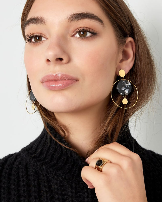 Oorbellen cirkel met print - zwart/Goud kleur