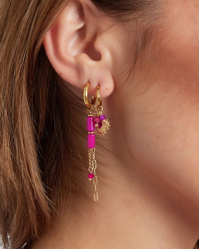 Oorbellen tube kraaltjes met kettinkjes - Goud kleur/fuchsia