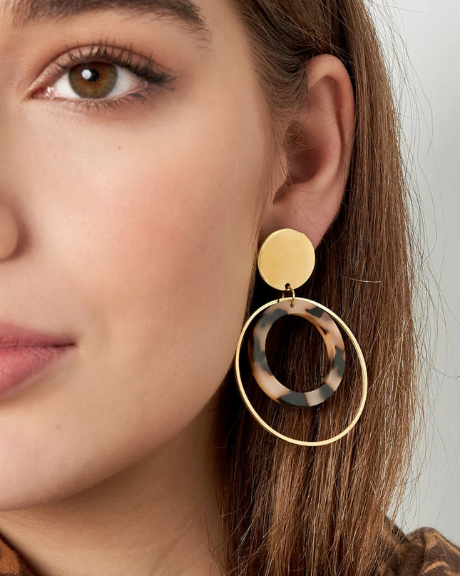 Oorbellen double round - Goud kleur/beige