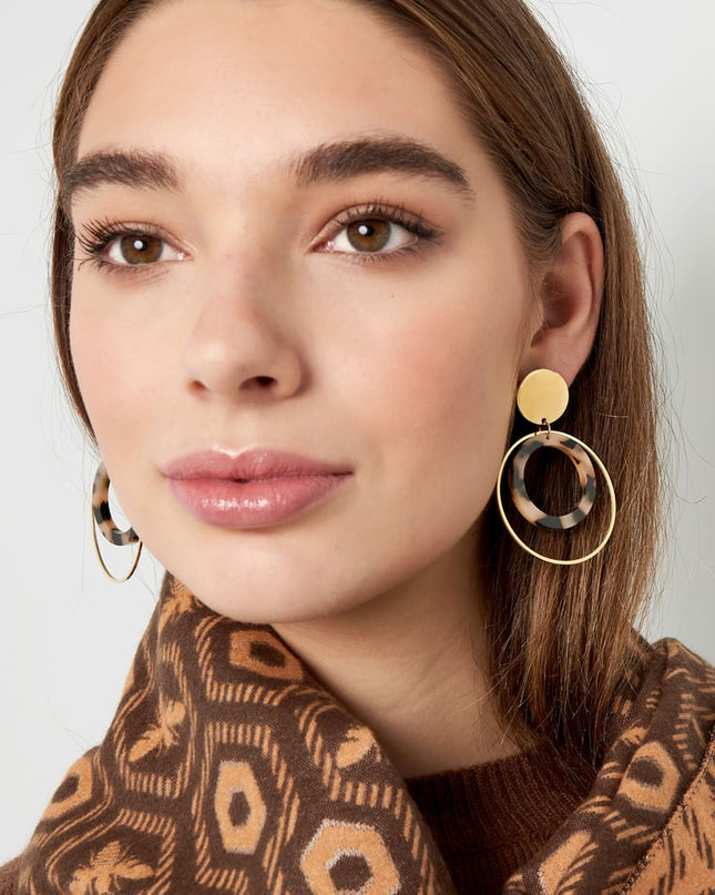 Oorbellen double round - Goud kleur/beige