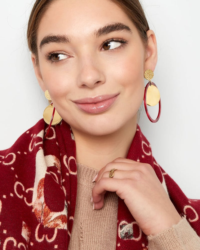 Oorbellen cirkels met print - Goud kleur/beige