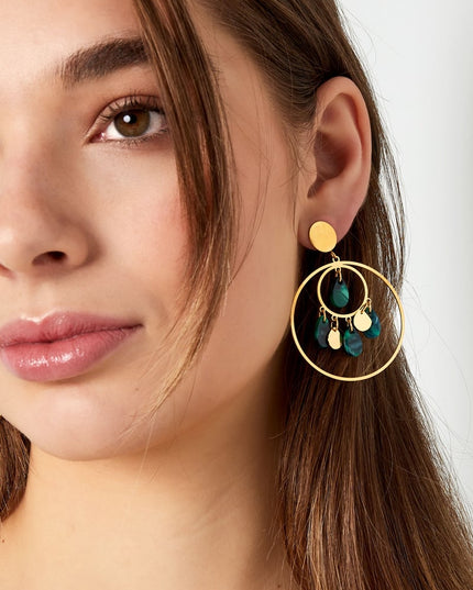 Oorbellen cirkels met coins - Goud kleur/groen