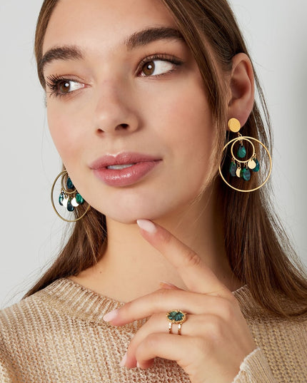 Oorbellen cirkels met coins - Goud kleur/groen