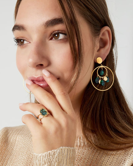 Oorbellen cirkels met coins - Goud kleur/groen