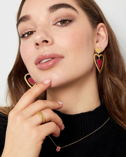 Oorbellen dubbel hart - Goud kleur/roze