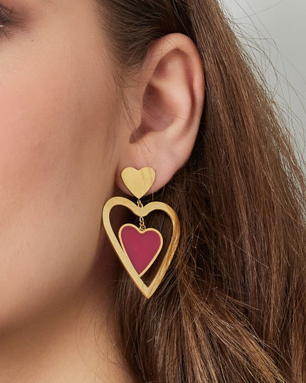 Oorbellen dubbel hart - Goud kleur/roze