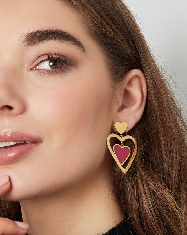 Oorbellen dubbel hart - Goud kleur/roze
