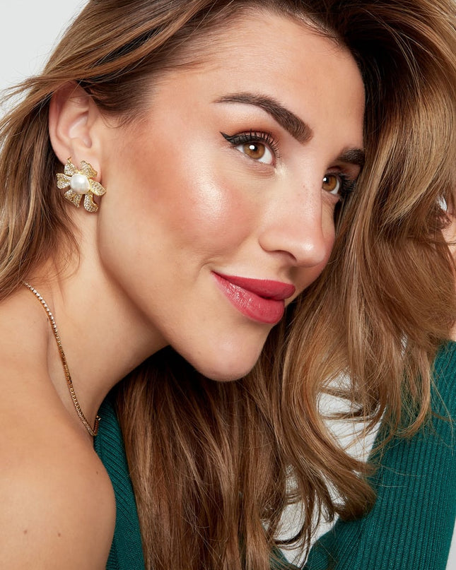 Oorbellen sparkly flower pearl zilver - zirkoon koper