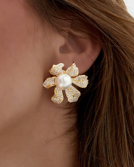 Oorbellen sparkly flower pearl zilver - zirkoon koper