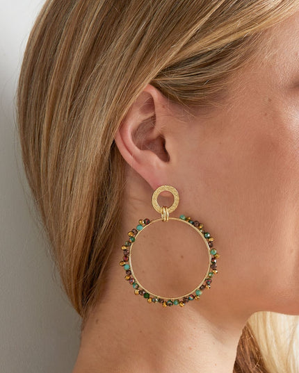 Oorbellen Ronde dubbele cirkel met Kleurrijke kraal - koper - Goud kleur/veelkleurig