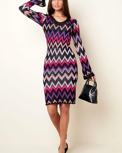 Gehaakte flare-jurk met lange mouwen Beige S