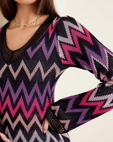 Gehaakte flare-jurk met lange mouwen Beige S