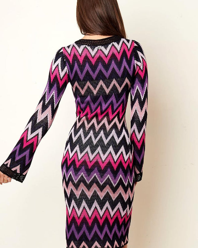 Gehaakte flare-jurk met lange mouwen Beige S