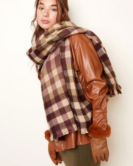 Geblokte sjaal winterkleuren Bruin Acryl