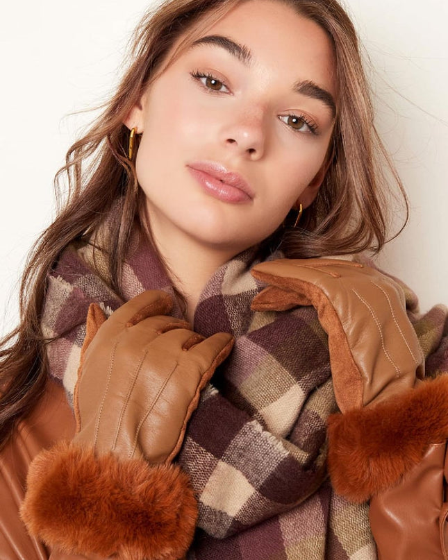 Gloves with faux fur and leather look Green Polyester One size