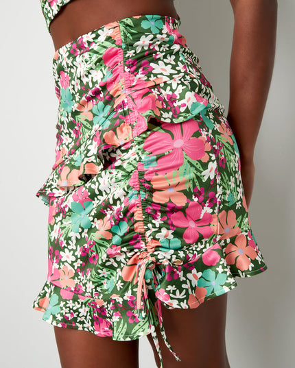 Rok kleurrijke bloemen - groen/roze Multi S