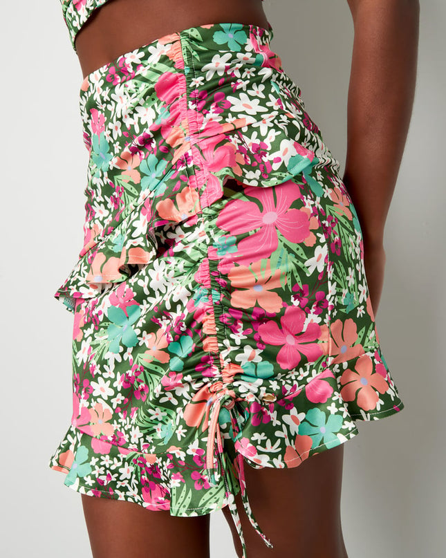 Rok kleurrijke bloemen - groen/roze Multi S