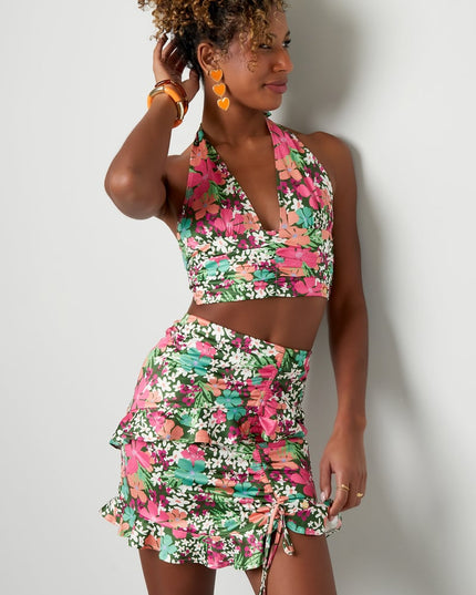 Rok kleurrijke bloemen - groen/roze Multi S