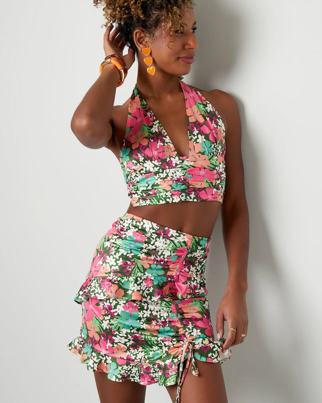 Rok kleurrijke bloemen - groen/roze Multi S